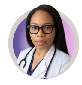 A nurse in a uniform assists an elderly couple at home. The woman, seated on a sofa, touches the hand of a man in a wheelchair, conveying care and support.