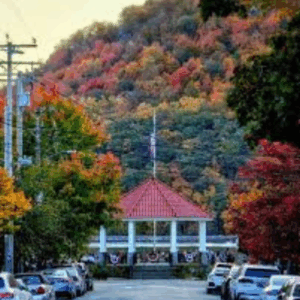 Street scene with parked cars on both sides leading to a small pavilion with a red roof. Background features a hill covered in vibrant autumn foliage.